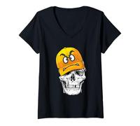Mujer Funny Cute Skull Wears Angry Yellow Cap Graphic Design Camiseta Cuello V