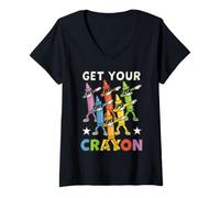Mujer Funny Dabbing Crayons First Day of School Get Your Crayon Camiseta Cuello V