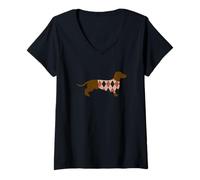Mujer Funny Dachshund Dog in Argyle Sweater Design Camiseta Cuello V