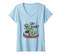 Mujer Funny Dino Explorer with Camera for Kids, Teens, and Outdoor Camiseta Cuello V