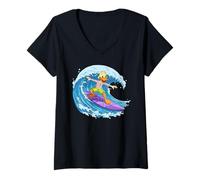 Mujer Funny Duck está surfeando una ola del océano 1 - Fan Fun Camiseta Cuello V