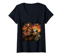 Mujer Funny Duo Bigfoot Alien Selfie UFO Encuentro Humor Camiseta Cuello V