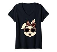Mujer Funny Easter Bunny Face Leopard Bow & Glasses Girls Women Camiseta Cuello V