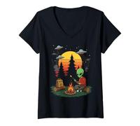 Mujer Funny Extraterrestrial Roasting Marshmallows Campfire Sunset Camiseta Cuello V