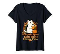 Mujer Funny Fall Cat Pumpkin Spice Latte Primero Luego Tu Drama Camiseta Cuello V