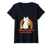 Mujer Funny Fall Cat Pumpkin Spice Latte Primero Luego Tu Drama Camiseta Cuello V