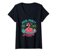 Mujer Funny Famingo Pool Party Escuadrón Retro Summer Family Kids Camiseta Cuello V