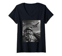 Mujer Funny Fighter Jet Pilot Cool Pug Selfie Aviación Perro Gráfico Camiseta Cuello V
