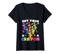 Mujer Funny First Day of School Get Your Crayon Dabbing Crayons Camiseta Cuello V