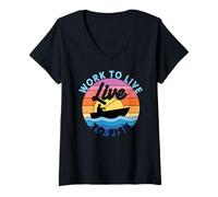 Mujer Funny Fisherman - Trabajar para vivir en vivo para pescar pesca retro Camiseta Cuello V