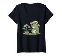 Mujer Funny Frog Bonsai Gardening Japanese Style Plant Lover Camiseta Cuello V