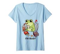 Mujer Funny Frog Im Busy Boba Tea Snacks Zoo Niños Niñas Niños Camiseta Cuello V