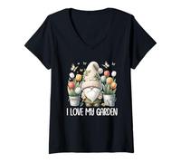 Mujer Funny Gardener Gnome Floral Tulip Flower I Love My Garden Camiseta Cuello V