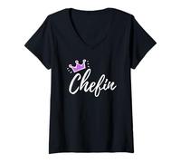 Mujer Funny German Saying Chefin Boss Purple Pink Crown Camiseta Cuello V