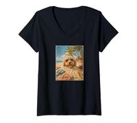 Mujer Funny Goldendoodle Drink Dog con Gafas de Sol Camiseta Cuello V