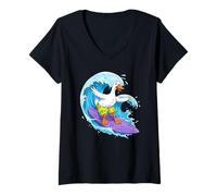 Mujer Funny Goose está surfeando una Ola del océano 1 - Fan Fun Camiseta Cuello V
