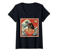 Mujer Funny Graphic Vintage Cat Ramen Japanese Ukiyo-e Woodblock Camiseta Cuello V