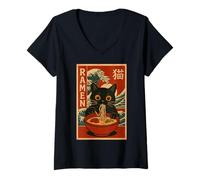 Mujer Funny Graphic Vintage Cat Ramen Japanese Ukiyo-e Woodblock Camiseta Cuello V