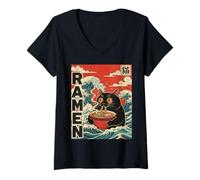 Mujer Funny Graphic Vintage Cat Ramen Japanese Ukiyo-e Woodblock Camiseta Cuello V