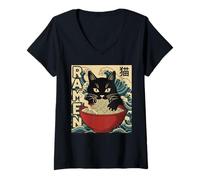 Mujer Funny Graphic Vintage Cat Ramen Japanese Ukiyo-e Woodblock Camiseta Cuello V