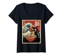Mujer Funny Graphic Vintage Cat Ramen Japanese Ukiyo-e Woodblock Camiseta Cuello V