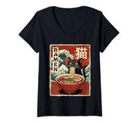 Mujer Funny Graphic Vintage Cat Ramen Japanese Ukiyo-e Woodblock Camiseta Cuello V