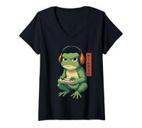 Mujer Funny Grumpy Frog Japanese Art Ukiyo-e Camiseta Cuello V