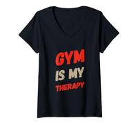 Mujer Funny Gym Meme Love Lifting Gym Es Mi Terapia Motivacional Camiseta Cuello V