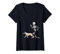 Mujer Funny Halloween Anatolian Shepherd Dog and Skeleton Camiseta Cuello V