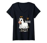 Mujer Funny Halloween Cow Ghost Boo Spooky Farmer Camiseta Cuello V