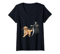 Mujer Funny Halloween Golden Retriever Dog and The Reaper Camiseta Cuello V