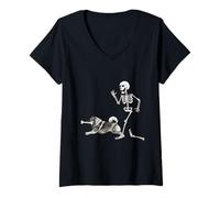 Mujer Funny Halloween Keeshond and Skeleton Camiseta Cuello V