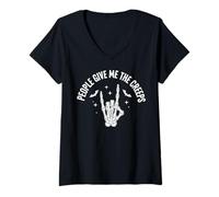 Mujer Funny Halloween People Give Me The Creeps Skeleton Skull Camiseta Cuello V
