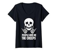 Mujer Funny Halloween People Give Me The Creeps Skeleton Skull Camiseta Cuello V