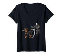 Mujer Funny Halloween Rottweiler Dog and The Reaper Camiseta Cuello V