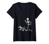 Mujer Funny Halloween Standard Schnauzer and Skeleton Camiseta Cuello V