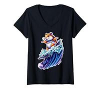 Mujer Funny Hamster está surfeando una Ola del océano 1 - Fan Fun Camiseta Cuello V