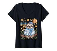 Mujer Funny Hanukkah Jewish Sloth Menorah Star Dreidel Camiseta Cuello V