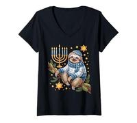 Mujer Funny Hanukkah Jewish Sloth Menorah Star Dreidel Camiseta Cuello V