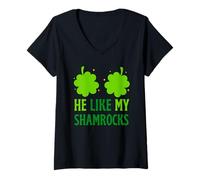 Mujer Funny He Likes My Shamrock, She Likes My Leprechaun Couples Camiseta Cuello V