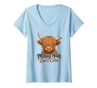 Mujer Funny Highland Cow desordenado Pelo no Importa Lindo Amante de la Vaca Camiseta Cuello V