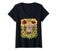 Mujer Funny Highland Cow with Sunflowers For Teacher Scottish Cow Camiseta Cuello V