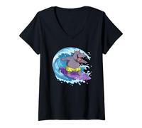 Mujer Funny Hippo está surfeando una Ola del océano 1 - Fan Fun Camiseta Cuello V