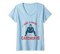 Mujer Funny Home is Where The Catcher Is Amante del béisbol para Adultos y niños Camiseta Cuello V