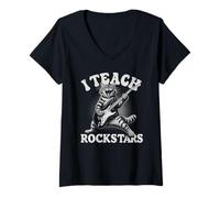Mujer Funny I Teach Rock Stars Cat Teacher Music Team Band Camiseta Cuello V
