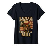 Mujer Funny if Genders Confuse You Go Milk a Bull Vintage Bandera de Estados Unidos Camiseta Cuello V