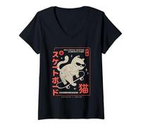 Mujer Funny Japanese Cat Skateboard Vintage Kawaii Graphic Camiseta Cuello V