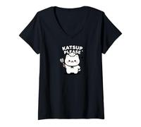 Mujer Funny Katsup Please Cat Pun Kawaii Chef Design Camiseta Cuello V