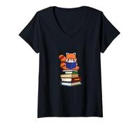 Mujer Funny Kawaii Kids Read Books Red Panda Lover Camiseta Cuello V