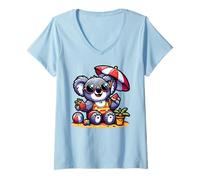 Mujer Funny Koala Lleva Ropa de Verano y Gafas de Sol, disfrutando del Camiseta Cuello V